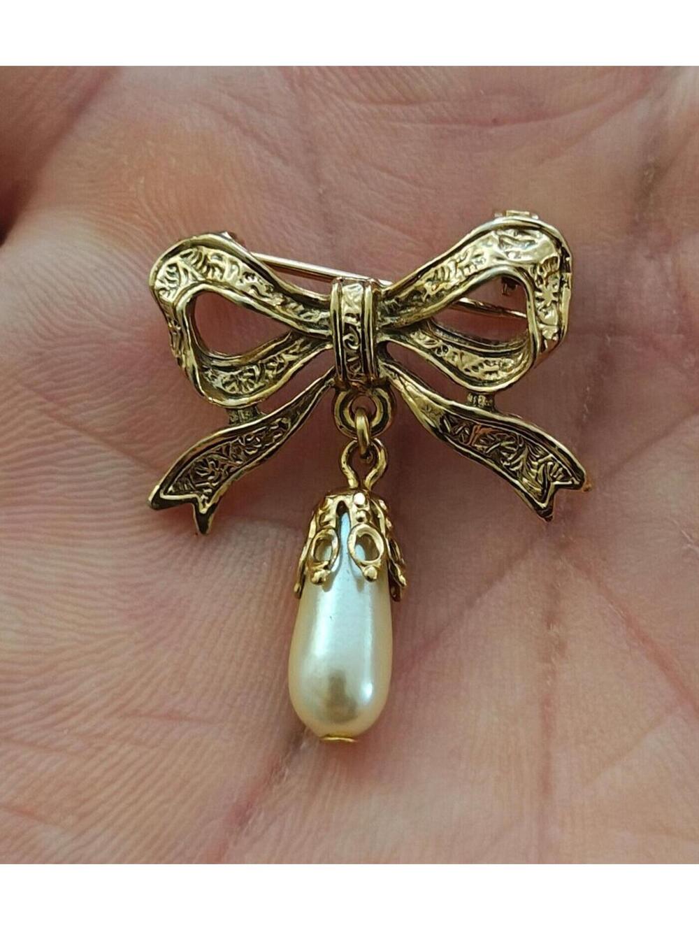 1980s Victorian Revival Embossed Gold Brooch With Dangling Faux Teardrop Pearl